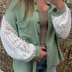 POL Gauze Button Up w/ Crochet Sleeves – Size Large – New